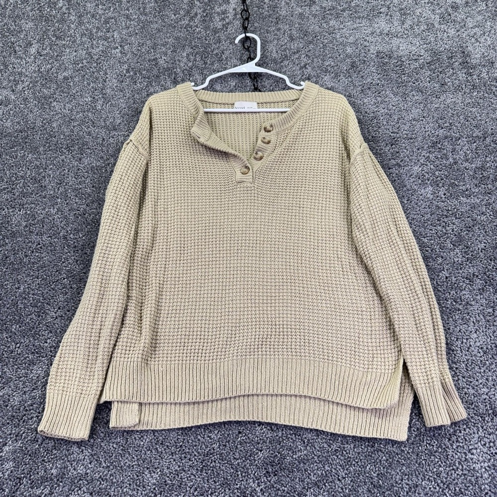 Becool Sweater Womens S/M Beige Waffle Knit Henley Crew Neck Casual Cozy